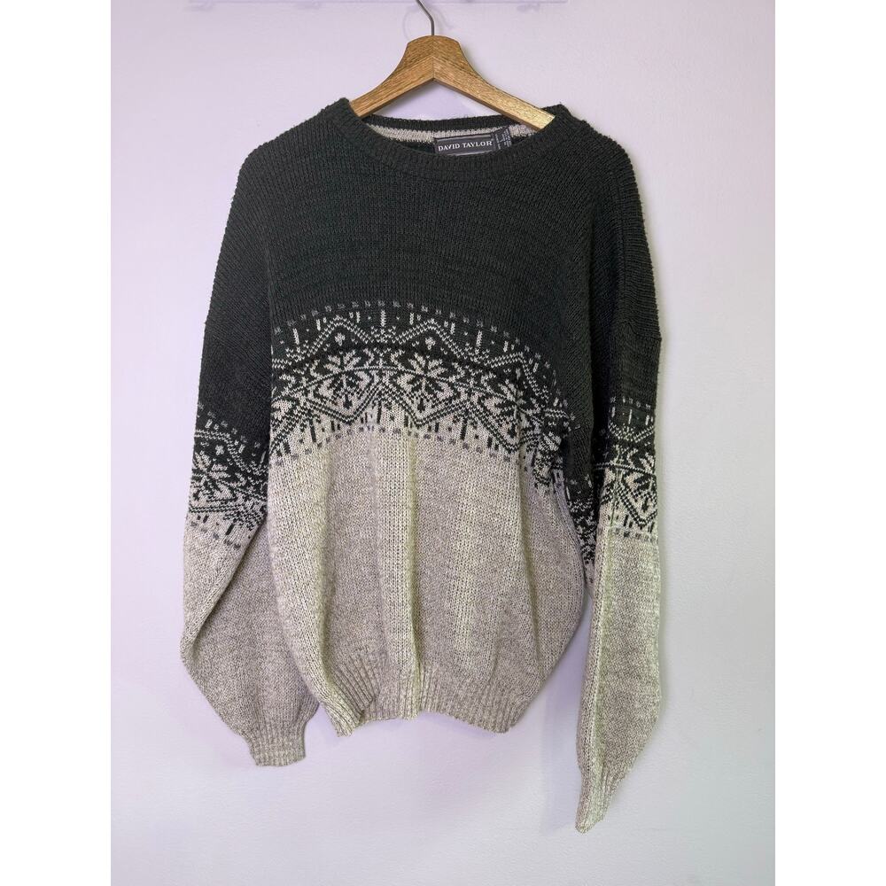 David Taylor Nordic Fair Isle Sweater Mens Large Gray Cream Knit Pullover